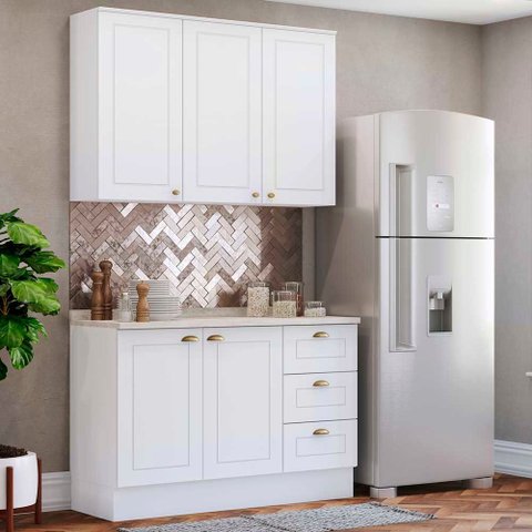 Cozinha Compacta 120cm Americana com Tampo 2 Peças 5 Portas 3 Gavetas Henn - Branco Hp Fosco
