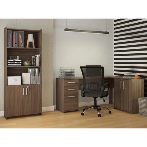 Conjunto Para Escritório 2 Peças com Mesa de Canto em L e Armário Notável Móveis
