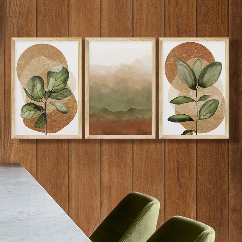 Kit 3 Quadros Decorativos  Geométrico Plantas Formas Degradê Arte Sala Quarto com Moldura