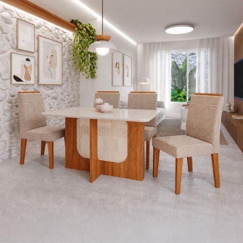 Sala de Jantar 4 Lugares Tampo de Vidro 130 cm Hazel Cinamomo/Linho Bege - Panorama Móveis