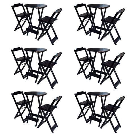 Kit 6 Jogos de Mesa Bistrô de Madeira com 2 Cadeiras Dobrável Ideal para Bar e Restaurante Preto