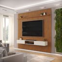 Ver imagem 1 de Conjunto com Painel Ripado e Bancada Suspensa 250cm Trento Sala de Estar Freijó Off White DJ Móveis