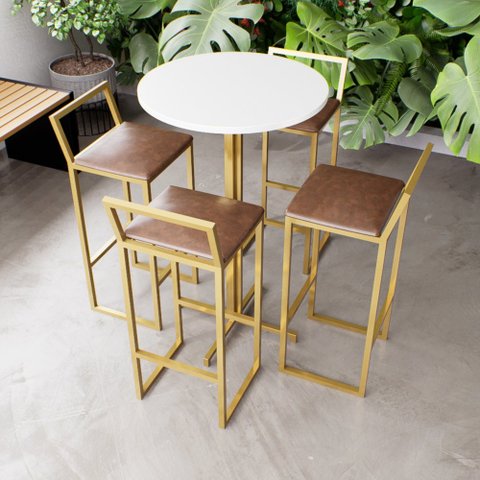 Jogo Mesa Alta Bistrô Redonda Branca 4 Banquetas Estofado Confort Industrial Dourado Don Castro Deco