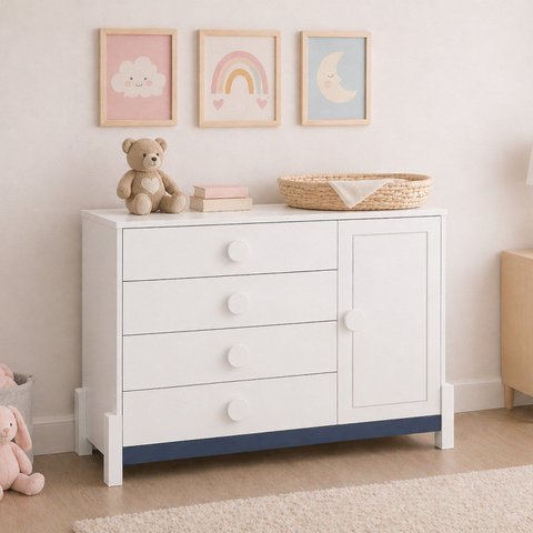 Cômoda para Quarto Infantil 4 Gavetas e Porta com Cabideiro Luna Branco/Neve/Azul Petróleo