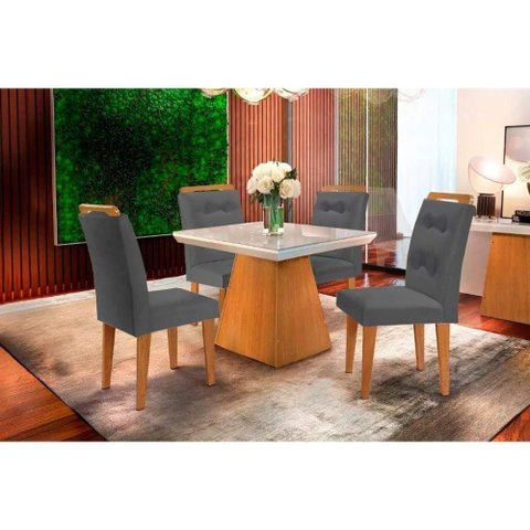 Sala de Jantar Completa Luna C- Tampo Madeirado C- Vidro Canto Curvo 90x90cm e 4 Cadeiras Imperatriz