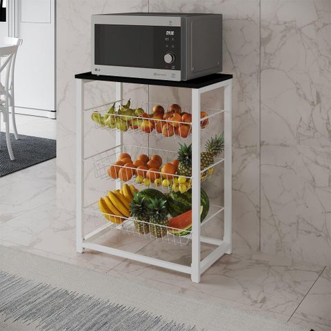 Fruteira com Suporte para Micro-ondas Barcelona Aço Branco Cesto Branco Tampo Preto - Cor: Marrom