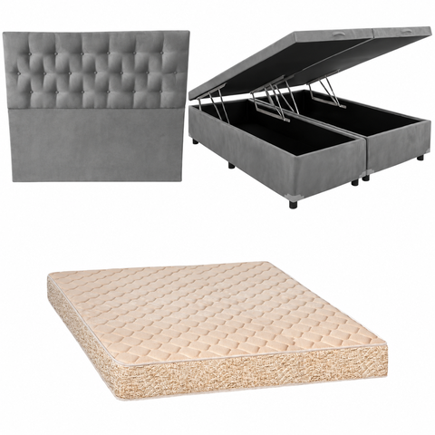 Cama Box Baú Casal Bipartida + Colchão Toulon D33 20 cm + Cabeceira Suede Cinza