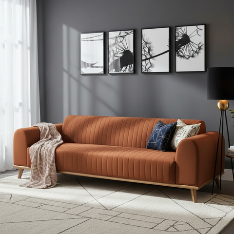 Sofá Living Átila Velusoft Terracota, 2,50 Metros, Design Retrô.