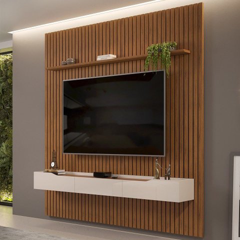 Painel para Tv 75 Pol Ripado com Bancada Suspensa 250x240cm Pratisk D04 Freijó/off White - Mpozenato