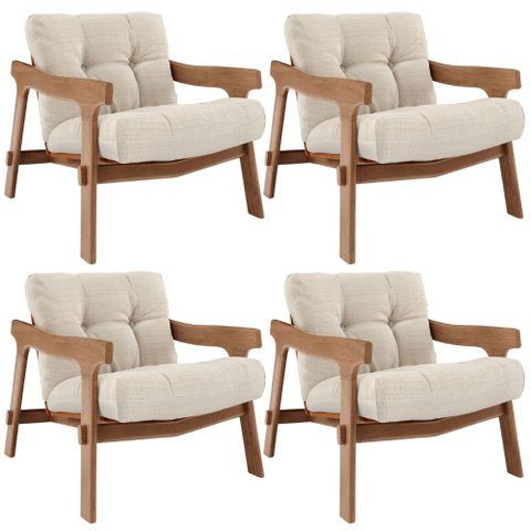 Kit 04 Poltronas Decorativa Fixa para Sala Living Ikary L02 Canela Linho Palha - Lyam Decor
