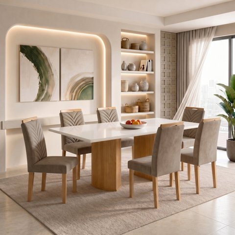 Conjunto de Mesa de Jantar 6 Lugares Isla Tampo de Vidro 160x80cm Cinamomo e Off White