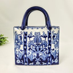 Vaso de Porcelana Azul e Branco Bolsa Floral Decoração - 4