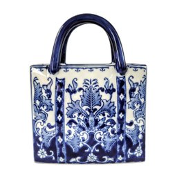 Vaso de Porcelana Azul e Branco Bolsa Floral Decoração - 1