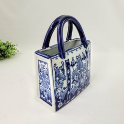 Vaso de Porcelana Azul e Branco Bolsa Floral Decoração - 6