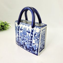 Vaso de Porcelana Azul e Branco Bolsa Floral Decoração - 2