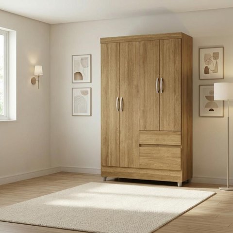 Guarda Roupa Solteiro Pequeno Ideal 4 Portas 2gavetas Nature