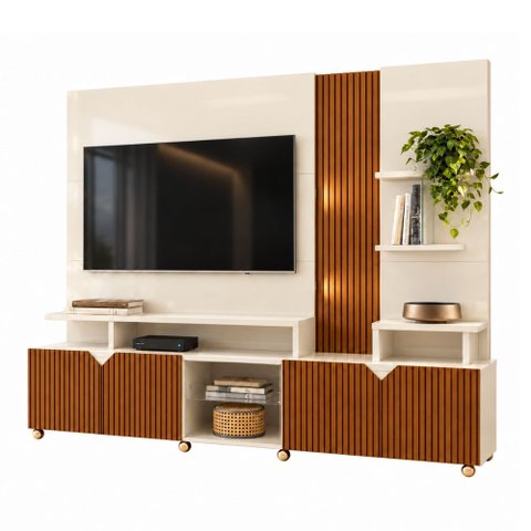 Estante Home Teather para TV até 55 Polegadas com LED Ripado Impressão 3D 2,10m Cross Off White