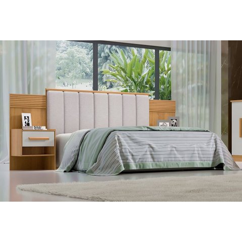 Cabeceira para Cama Queen Size Ripada Irís Estofada com 2 Mesas de Cabeceira D Doro Cinamomo/off Whi