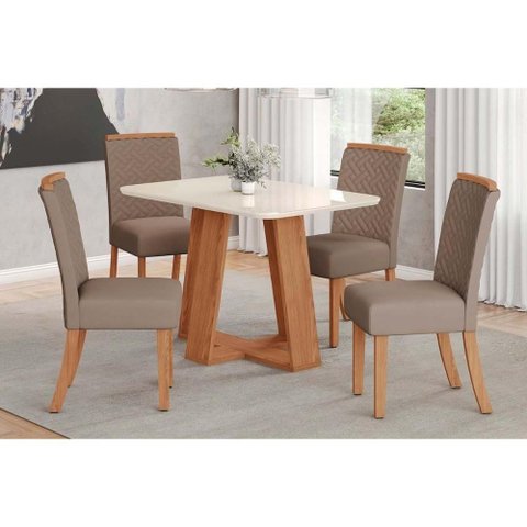 Conjunto: Mesa Sala Jantar Lins C/ Tampo Madeirado C/ Vidro Curvo 120x80cm e 4 Cadeiras Malu Nature/