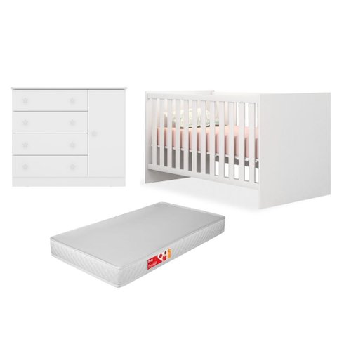 Quarto de Bebê Cômoda 2561 e Berço 1344 Doce Sonho com Colchão Branco - Qmovi