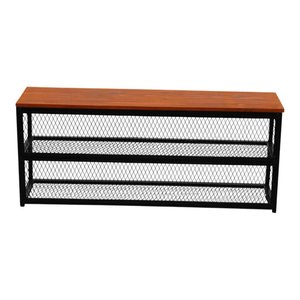 Banco Sapateira Ferro e Madeira Artesanal Estilo Industrial Recamier Tela Expandida