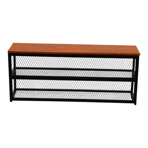 Banco Sapateira Ferro e Madeira Artesanal Estilo Industrial Recamier Tela Expandida