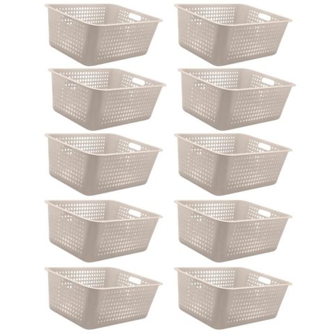 Kit 10 Caixas Organizadoras 40l com Alça Lateral Multiuso Maxi Bege Cesto Plástico Organizador ou