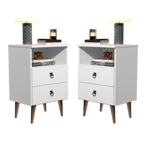 Kit 2 Mesas de Cabeceira Madri Retrô com Pés Palito 2 Gavetas Branco