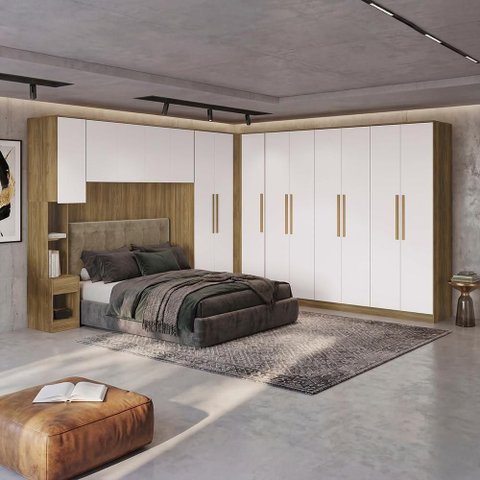 Quarto Modulado Adapt 14 Portas 7 Gavetas MDP 354cm Nogueira-Branco