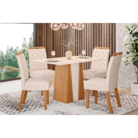 Conjunto: Mesa Sala Jantar Orus Tampo Madeirado C/ Vidro 120x80cm e 4 Cadeiras Bella Nature/linho -