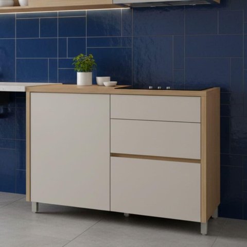 Balcão Gabinete de Cozinha 1,20m 1 Porta 3 Gavetas 100% Mdf Cléo Madeirado/off White Nesher Madeir