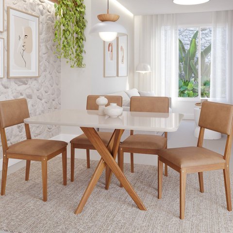 Conjunto Sala de Jantar Cacau com Vidro e 4 Cadeiras Sabiá Marrom/Madeira/Offwhite/Kaki