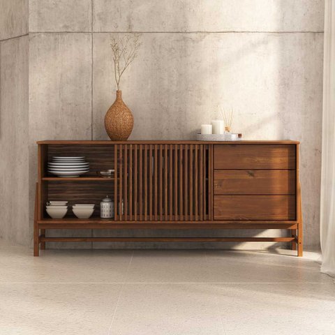 Buffet Madeira 170 Cm 1 Porta Ripado Sala Minimalista Cor Castanho Adamo