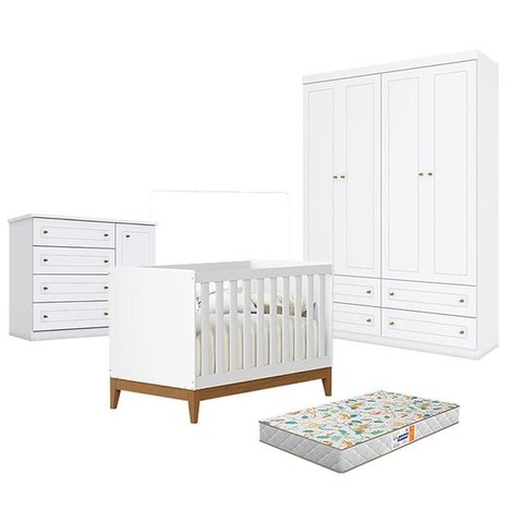 Quarto de Bebê Americano 4 Portas com Berço Americano Flip Branco Acetinado Reller e Colchão Gazin -