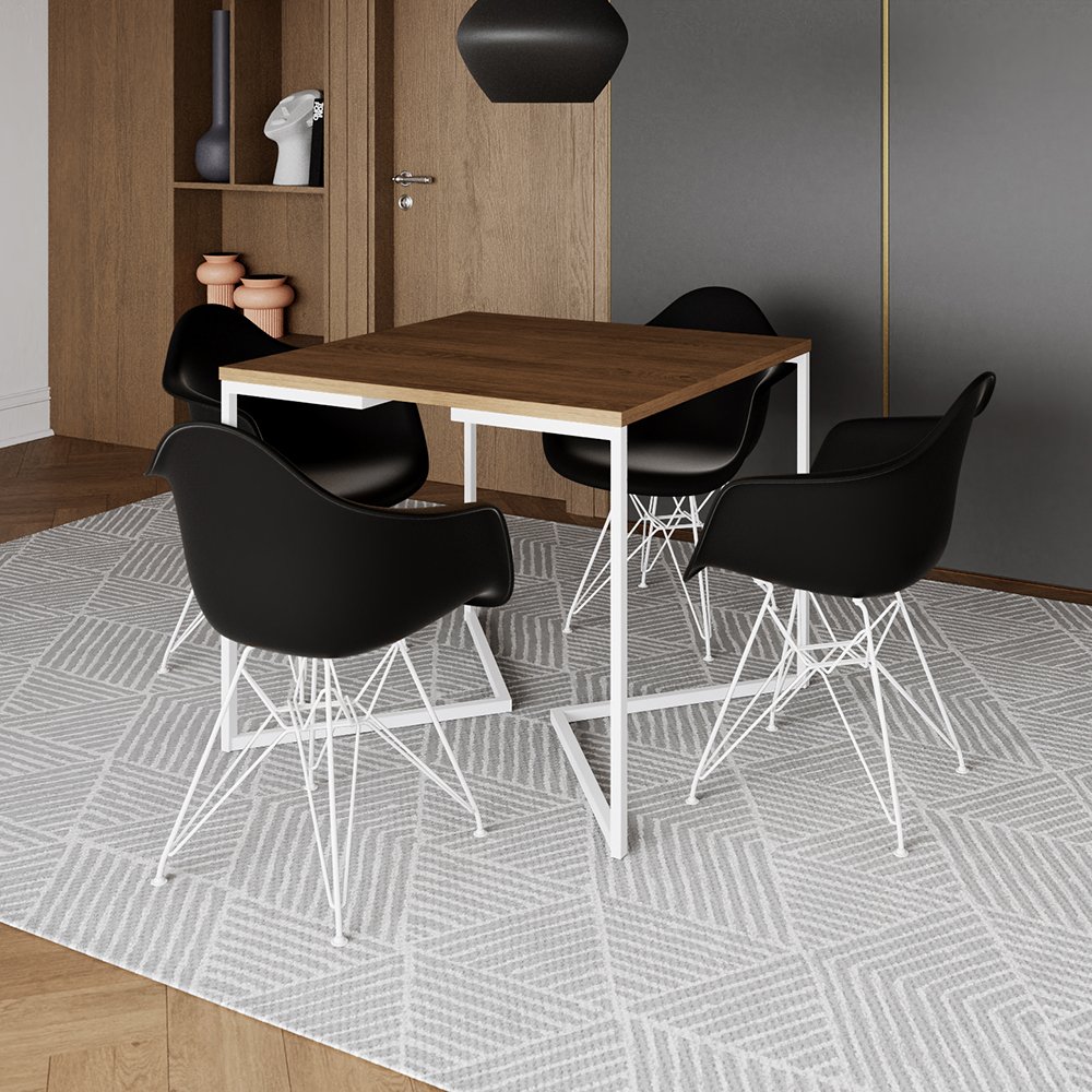 Mesa Jantar Industrial Quadrada Amêndoa 90cm Base V com 4 Poltronas ...