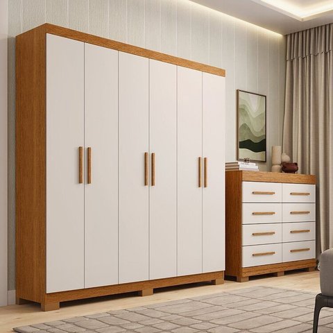 Conjunto Quarto Casal Guarda-Roupa 6 Portas Cômoda 8 Gavetas Papoulas Espresso Móveis Bege/Cinamomo/Off White