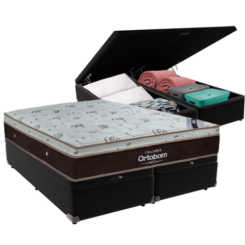 Cama Box Baú Bipartido Casal Preto e Colchão Sleep King Molas Ensacadas Ortobom