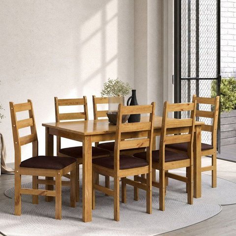 Conjunto Sala de Jantar Mesa 140cm e 6 Cadeiras Estofadas 100% Madeira Maciça Serena Nogueira/Ambar