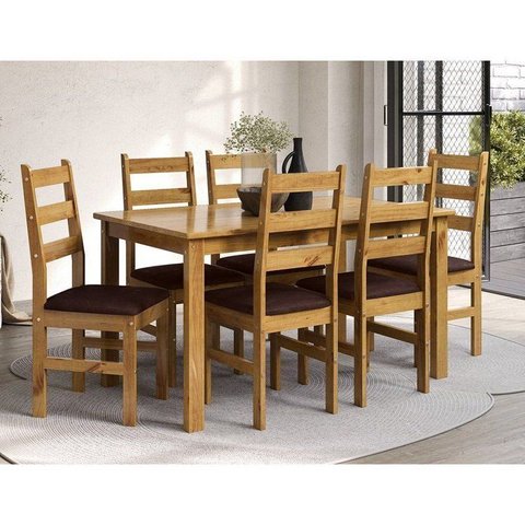 Conjunto Sala de Jantar Mesa 140cm e 6 Cadeiras Estofadas 100% Madeira Maciça Serena Nogueira/Ambar