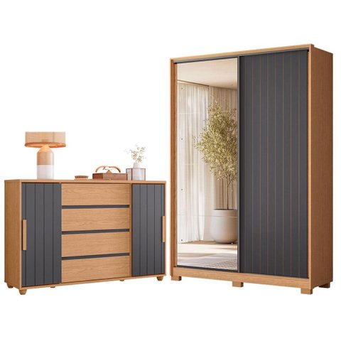 Guarda Roupa Solteiro Frizatto com Espelho e Cômoda Evidenza Freijo Titanium Flex - Móveis Albatroz