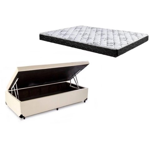 Cama Box Baú Solteiro Conforto Sintético Bege + Colchão Solteiro Conforto Espuma D33 14x88x188