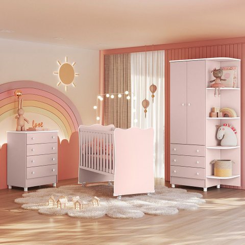 Jogo de Quarto Infantil Gr e Cômoda e Berço 1 Doce Sonho:rosa
