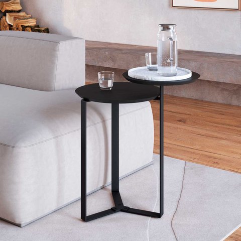 Mesa Lateral Industrial Chanfrada Artesano 44 Cm (largura) 2 Tampos Mdp Nero (preto) Pé Aço Preto