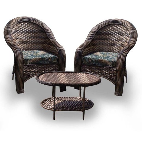 Conjunto de Poltronas Fibra Sintética Karibe - 2 Poltronas + 1 Mesa Centro - Tecido Palmares Petróle
