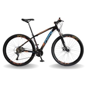 BICICLETA 29 PUMABIKE LINCE 27V STEEZ, FREIO MEC, K7, SUSP TRAVA, PRETO COM LARANJA E AZUL, 21