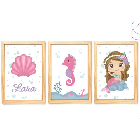 Quadro Decoração Quarto Menina Sereia Rosa Moldura e Vidro: Pinus
