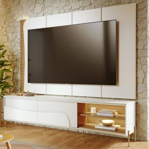 Rack para Sala Industrial com Painel para TV 65 pol com LED 216cm Salerno C04 Off White Matte Freijó