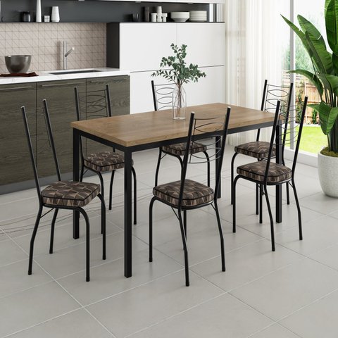 Conjunto Sala de Jantar Mesa Retangular Tampo BP com 6 Cadeiras Adriana Preto/Sf/Mosaico Palha/Demolição