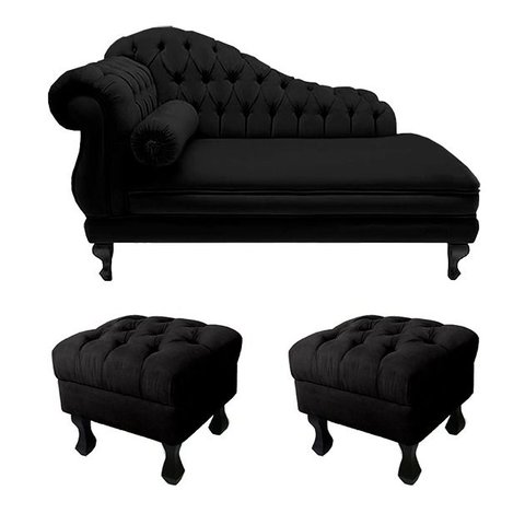 Divã Recamier Namoradeira Larissa 150cm + 2 Puffs Retrô Suede Preto