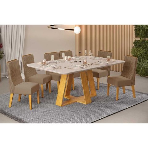 Conjunto: Mesa Sala Jantar Celeste C/ Tampo Madeirado C/ Vidro Curvo 160x90cm e 6 Cadeiras Jade